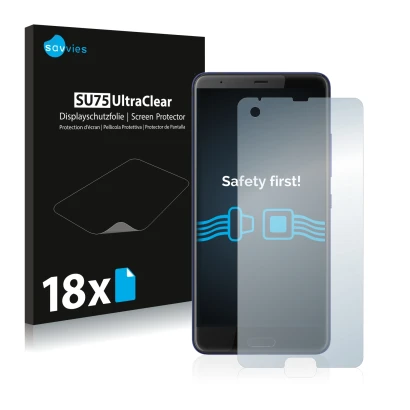 Front side of a product packaging with the brand logo Savvies. Next to it is the device HTC U Ultra shown with the correspondi
