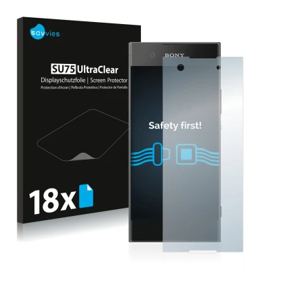 Front side of a product packaging with the brand logo Savvies. Next to it is the device Sony Xperia XA1 shown with the corresp