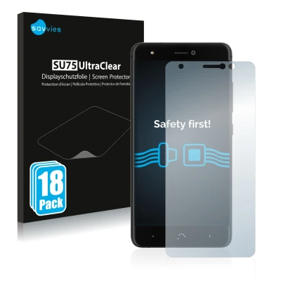 Front side of a product packaging with the brand logo Savvies. Next to it is the device BQ Aquaris X shown with the correspond