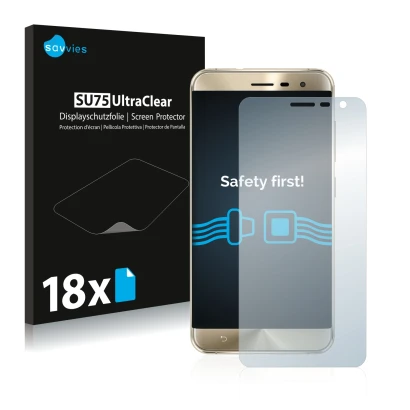 Front side of a product packaging with the brand logo Savvies. Next to it is the device ASUS ZenFone 3 ZE552KL shown with the 