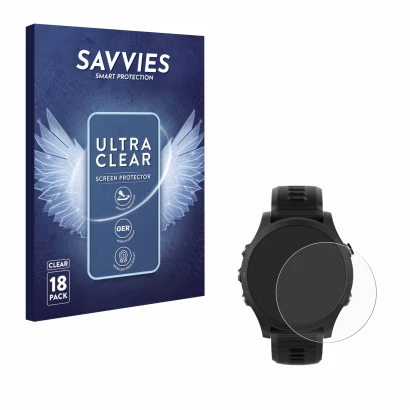 Front side of a product packaging with the brand logo Savvies. Next to it is the device Garmin Forerunner 935 shown with the c