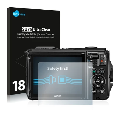 Front side of a product packaging with the brand logo Savvies. Next to it is the device Nikon Coolpix W300 shown with the corr