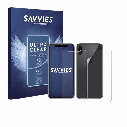 Front side of a product packaging with the brand logo Savvies. Next to it is the device Apple iPhone X (Front+Back) shown with