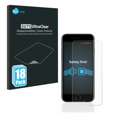 Front side of a product packaging with the brand logo Savvies. Next to it is the device Apple iPhone 8 shown with the correspo