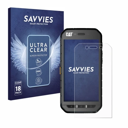 Front side of a product packaging with the brand logo Savvies. Next to it is the device Caterpillar Cat S41 shown with the cor