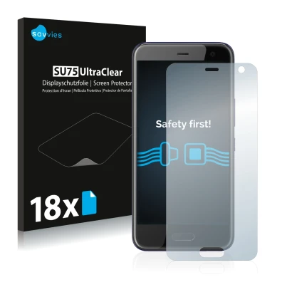 Front side of a product packaging with the brand logo Savvies. Next to it is the device HTC U11 Life shown with the correspond