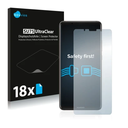 Front side of a product packaging with the brand logo Savvies. Next to it is the device Huawei Mate 10 Pro shown with the corr