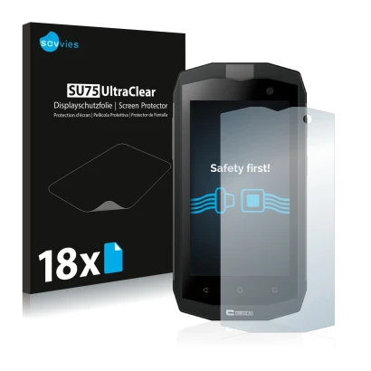 Front side of a product packaging with the brand logo Savvies. Next to it is the device Crosscall Trekker M1 shown with the co