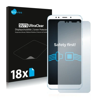 Front side of a product packaging with the brand logo Savvies. Next to it is the device Xiaomi Redmi 5 Plus shown with the cor
