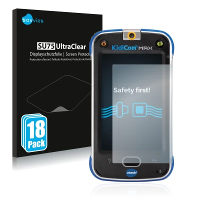 Front side of a product packaging with the brand logo Savvies. Next to it is the device Vtech Kidicom Max shown with the corre