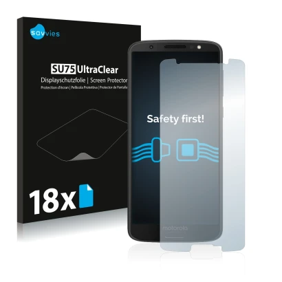 Front side of a product packaging with the brand logo Savvies. Next to it is the device Motorola Moto G6 shown with the corres