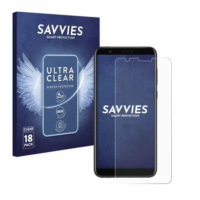 Front side of a product packaging with the brand logo Savvies. Next to it is the device Huawei P smart 2018 shown with the cor