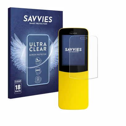 Front side of a product packaging with the brand logo Savvies. Next to it is the device Nokia 8110 shown with the correspondin