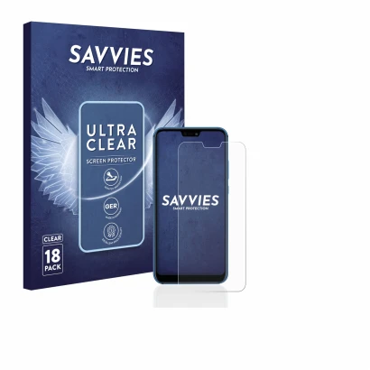 Front side of a product packaging with the brand logo Savvies. Next to it is the device Huawei P20 lite 2018 shown with the co
