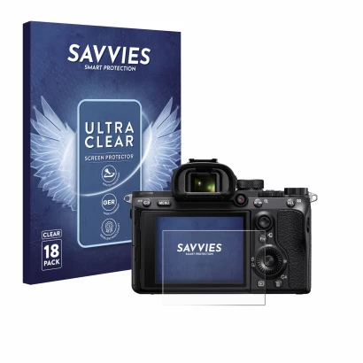 Front side of a product packaging with the brand logo Savvies. Next to it is the device Sony Alpha 7 III (ILCE-7M3) shown with