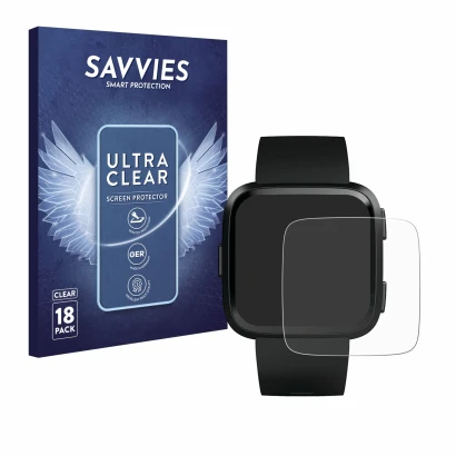 Front side of a product packaging with the brand logo Savvies. Next to it is the device Fitbit Versa shown with the correspond