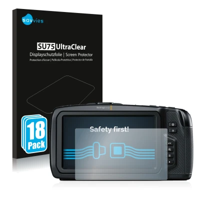 Front side of a product packaging with the brand logo Savvies. Next to it is the device Blackmagic Pocket Cinema Camera 4K sho