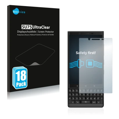 Front side of a product packaging with the brand logo Savvies. Next to it is the device BlackBerry Key2 shown with the corresp