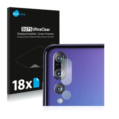Front side of a product packaging with the brand logo Savvies. Next to it is the device Huawei P20 Pro (ONLY Camera Lens) show