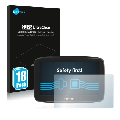 Front side of a product packaging with the brand logo Savvies. Next to it is the device TomTom GO Basic 5" shown with the corr