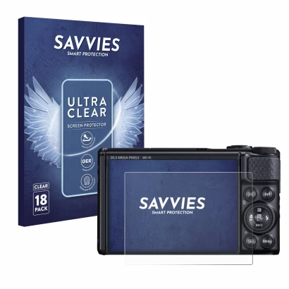 Front side of a product packaging with the brand logo Savvies. Next to it is the device Canon PowerShot SX740 HS shown with th