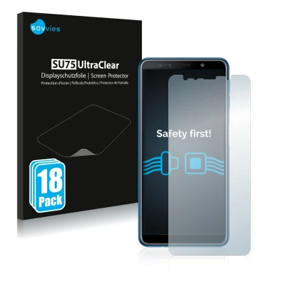 Front side of a product packaging with the brand logo Savvies. Next to it is the device Samsung Galaxy A7 2018 shown with the 
