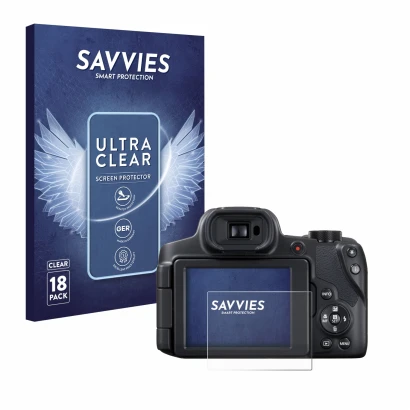 Front side of a product packaging with the brand logo Savvies. Next to it is the device Canon PowerShot SX70 HS shown with the