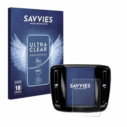 Front side of a product packaging with the brand logo Savvies. Next to it is the device Volvo XC40 Sensus Connect 8.7" 2018-20
