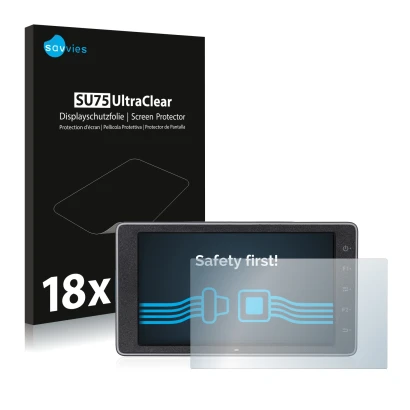 Front side of a product packaging with the brand logo Savvies. Next to it is the device DJI Crystalsky (5.5") shown with the c