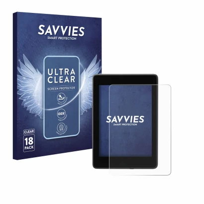 Front side of a product packaging with the brand logo Savvies. Next to it is the device Amazon Kindle Paperwhite 2018 (10th Ge
