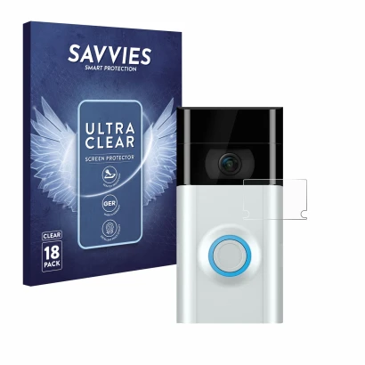 Front side of a product packaging with the brand logo Savvies. Next to it is the device Ring Doorbell 2 (Lens) shown with the 