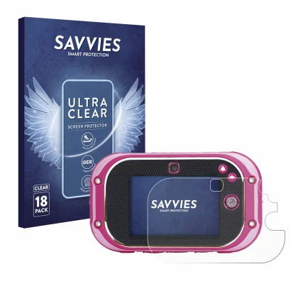 Front side of a product packaging with the brand logo Savvies. Next to it is the device Vtech Kidizoom Touch 5.0 2018 shown wi