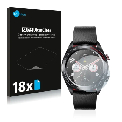 Front side of a product packaging with the brand logo Savvies. Next to it is the device Honor Watch Magic shown with the corre