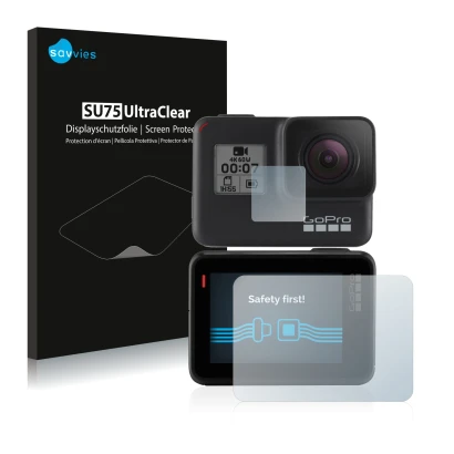 Front side of a product packaging with the brand logo Savvies. Next to it is the device GoPro Hero 7 Black shown with the corr
