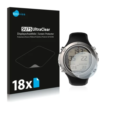 Front side of a product packaging with the brand logo Savvies. Next to it is the device Suunto D6I Novo shown with the corresp