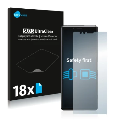 Front side of a product packaging with the brand logo Savvies. Next to it is the device Sony Xperia 1 shown with the correspon