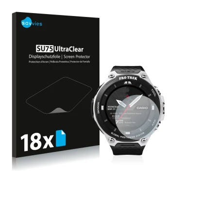 Front side of a product packaging with the brand logo Savvies. Next to it is the device Casio Pro Trek Smart WSD-F20 shown wit