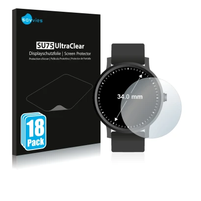 Front side of a product packaging with the brand logo Savvies. Next to it is the device Circular Displays (ø: 34 mm) shown wit