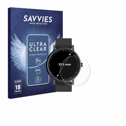 Front side of a product packaging with the brand logo Savvies. Next to it is the device Circular Displays (ø: 35 mm) shown wit