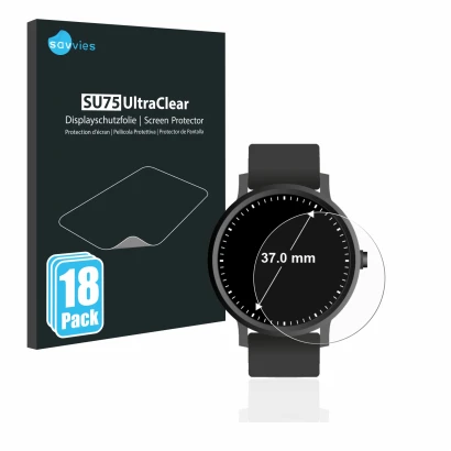 Front side of a product packaging with the brand logo Savvies. Next to it is the device Circular Displays (ø: 37 mm) shown wit