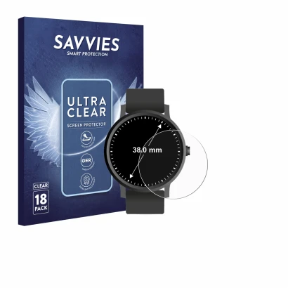 Front side of a product packaging with the brand logo Savvies. Next to it is the device Circular Displays (ø: 38 mm) shown wit