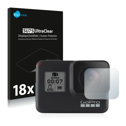 Front side of a product packaging with the brand logo Savvies. Next to it is the device GoPro Hero 7 Black (Lens) shown with t