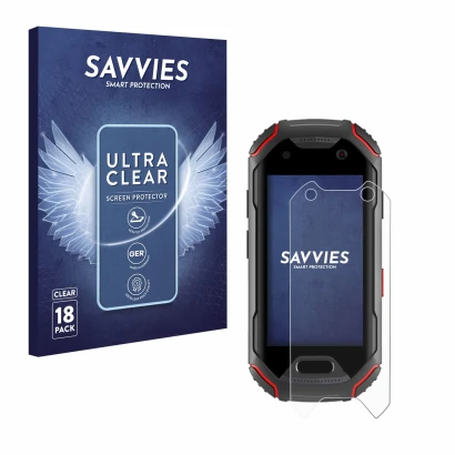 Front side of a product packaging with the brand logo Savvies. Next to it is the device Unihertz Atom shown with the correspon