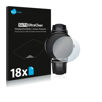 Front side of a product packaging with the brand logo Savvies. Next to it is the device Alienwork IK Watch (36 mm) shown with 