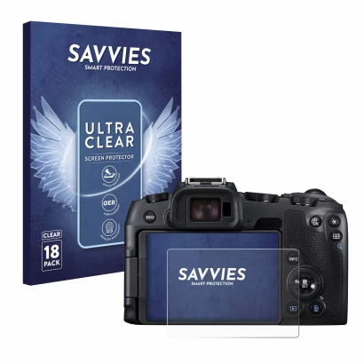 Front side of a product packaging with the brand logo Savvies. Next to it is the device Canon EOS RP shown with the correspond