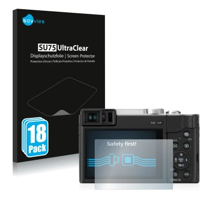 Front side of a product packaging with the brand logo Savvies. Next to it is the device Panasonic Lumix DC-TZ96 shown with the