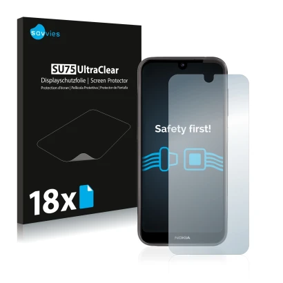 Front side of a product packaging with the brand logo Savvies. Next to it is the device Nokia 4.2 shown with the corresponding