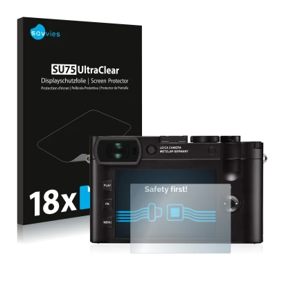 Front side of a product packaging with the brand logo Savvies. Next to it is the device Leica Q2 shown with the corresponding 