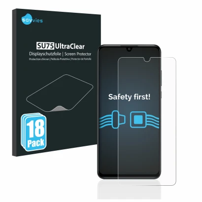Front side of a product packaging with the brand logo Savvies. Next to it is the device Huawei P30 lite shown with the corresp