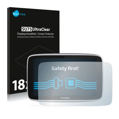 Front side of a product packaging with the brand logo Savvies. Next to it is the device TomTom GO Premium X shown with the cor